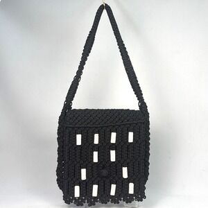 Vintage Black Macrame Shoulder Bag with White Beads and Red Lining Boho Handbag